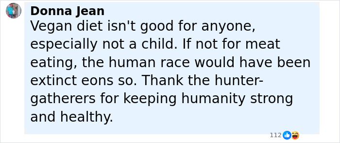 Facebook comment from Donna Jean expressing concerns about vegan diet risks, especially for children&rsquo;s health and survival.