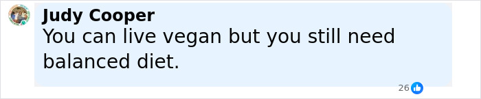 Comment from Judy Cooper stating you can live vegan but still need a balanced diet, highlighting crucial signs ignored after toddler passed away.