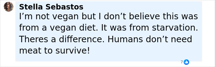 Comment from Stella Sebastos discussing starvation and vegan diet misconceptions related to toddler death and crucial signs ignored.