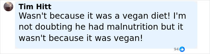 Comment disputing the claim that a toddler's passing was caused by a vegan diet, emphasizing malnutrition concerns.