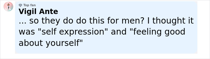 User comment about plastic surgeries and self-expression on a social media platform with a light blue background.