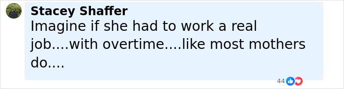 Comment by Stacey Shaffer expressing skepticism about working a real job with overtime like most mothers, related to Meghan Markle's emotional confession about Queen Elizabeth’s passing. Comment by Stacey Shaffer expressing skepticism about working a real job with overtime like most mothers, related to Meghan Markle's emotional confession about Queen Elizabeth’s passing.
