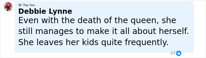 Comment by Debbie Lynne criticizing Meghan Markle's response to Queen Elizabeth’s passing on social media. Comment by Debbie Lynne criticizing Meghan Markle's response to Queen Elizabeth’s passing on social media.