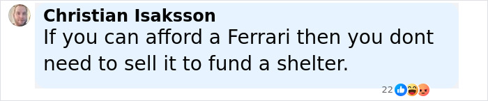 Comment by Christian Isaksson expressing opinion on funding a shelter by selling a Ferrari after business collapse.