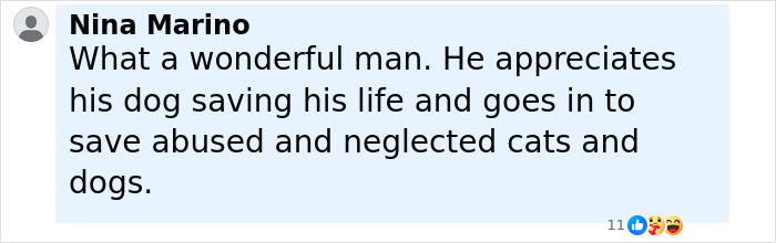 Comment praising a man for appreciating his dog saving his life and helping abused and neglected pets.
