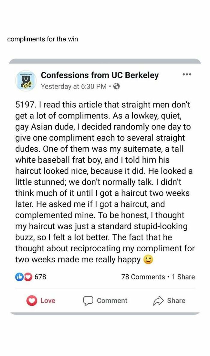 Heartwarming post about giving and receiving compliments, spreading positivity and kindness despite bad news and negativity.