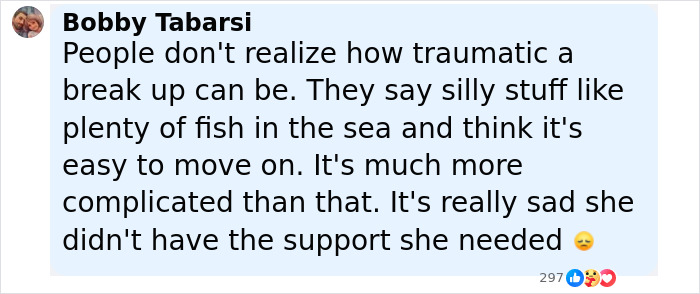 Comment discussing the trauma of a breakup and lack of support after a woman’s 15,500-ft jump following her breakup. Comment discussing the trauma of a breakup and lack of support after a woman’s 15,500-ft jump following her breakup.