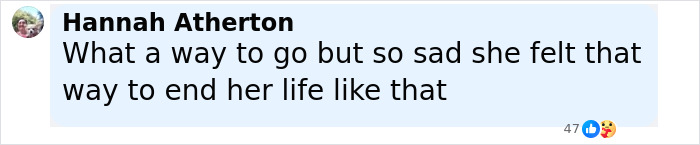 Comment from Hannah Atherton expressing sadness over a woman’s 15,500-ft jump after breakup and her choice to fall Comment from Hannah Atherton expressing sadness over a woman’s 15,500-ft jump after breakup and her choice to fall