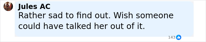 Comment from Jules AC expressing sadness and wishing someone had talked the woman out of her 15,500-ft jump after breakup. Comment from Jules AC expressing sadness and wishing someone had talked the woman out of her 15,500-ft jump after breakup.
