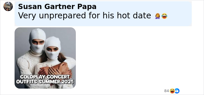 Couple wearing matching white balaclavas as Coldplay concert outfits, referencing Coldplay Kiss Cam CEO claims. Couple wearing matching white balaclavas as Coldplay concert outfits, referencing Coldplay Kiss Cam CEO claims.