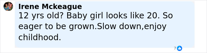 Comment expressing concern over a 12-year-old wearing a corset, urging to slow down and enjoy childhood.