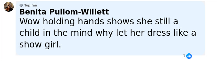 User comment on social media criticizing a 12-year-old wearing a corset, expressing concern about childhood and clothing choices.
