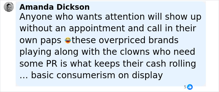 Comment from Amanda Dickson discussing attention-seeking behavior and overpriced brands linked to Jennifer Lopez Chanel store incident.