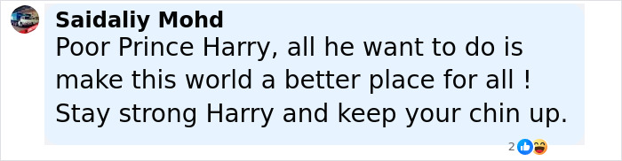 Comment from Saidaliy Mohd expressing support for Prince Harry amid Sentebale scandal investigation findings. - 27