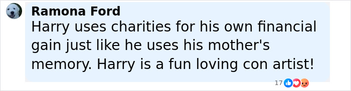 Comment on social media from user Ramona Ford criticizing Prince Harry amid Sentebale scandal investigation ending and findings going public. - 20