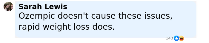Comment by Sarah Lewis stating Ozempic does not cause vulva issues but rapid weight loss does in a social media post.