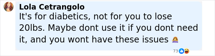 Comment from Lola Cetrangolo warning that Ozempic is for diabetics and cautioning against using it for weight loss due to side effects including vulva issues.