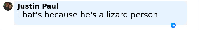 Text message on a light blue background stating he's a lizard person in a casual online comment.