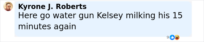 Text message screenshot showing Kyrone J. Roberts commenting on Kelsey, related to MGK claims about being half alien.