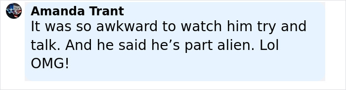 Screenshot of a social media comment about MGK claiming to be half alien and reacting to an awkward conversation.