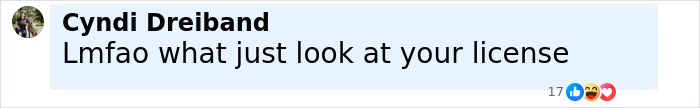 Screenshot of a social media comment by Cyndi Dreiband with a humorous reaction about looking at a license.