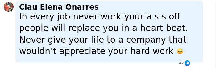 Screenshot of a heartfelt comment about hard work and replacement from a Burger King employee after viral 12-hour performance.