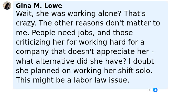 Screenshot of a social media comment discussing the Burger King employee who worked a viral 12-hour shift alone.