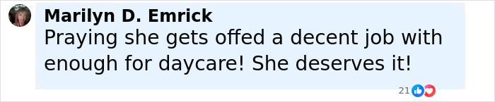 Facebook comment by Marilyn D. Emrick expressing hope for a decent job and daycare support for a Burger King employee recently fired.