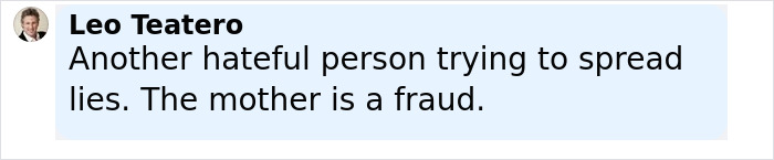 Screenshot of a social media comment by Leo Teatero calling a mother a fraud amid alleged trans employee controversy.