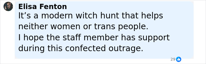 Comment from Elisa Fenton discussing support for a trans employee amid controversy involving J.K. Rowling and a customer.