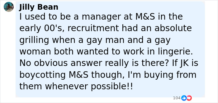 Comment from Jilly Bean recalling M&S recruitment grilling involving LGBT applicants amid J.K. Rowling controversy.