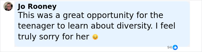 Text comment from Jo Rooney expressing support for diversity and sympathy after woman upset with alleged trans employee helping her teenager.