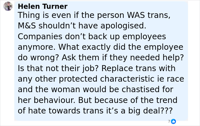 Comment by Helen Turner discussing trans employee support and company apologies amid controversy over alleged incident.