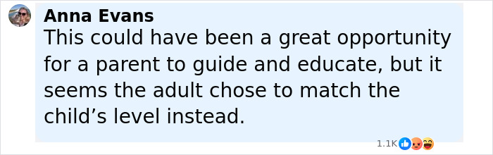 Comment from Anna Evans criticizing an adult's response after alleged trans employee offered help to a 14-year-old.