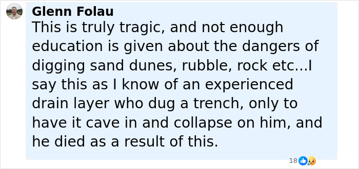Comment on dangers of digging sand dunes and risk of fatal collapse causing death of a dad buried alive while digging sand with kids.