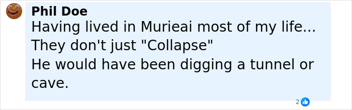Comment from Phil Doe about digging tunnels or caves, reflecting on life experiences related to collapse and digging.