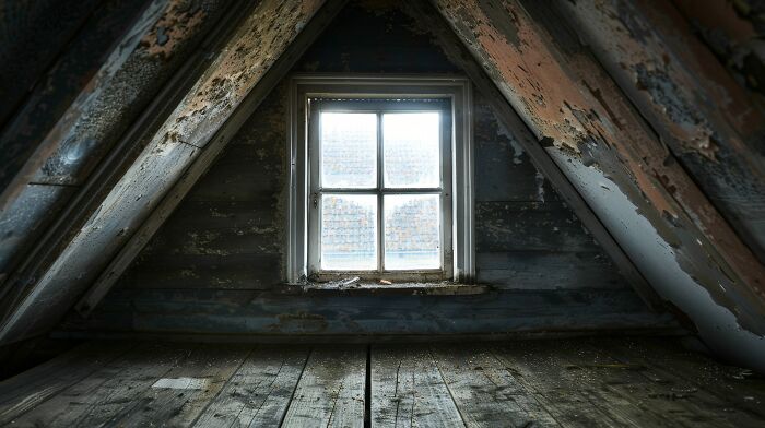 Dark abandoned attic with peeling paint and a dusty window, evoking terrifying things people swear they've seen.