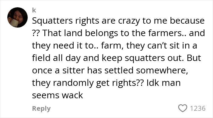 Comment discussing farmer rights and squatters amid viral story of spraying squatters with manure on farmland.