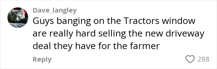 Social media comment about farmers and tractors related to viral story of farmer spraying squatters with manure.