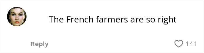 Comment reading The French farmers are so right shown in a social media post with 141 likes.