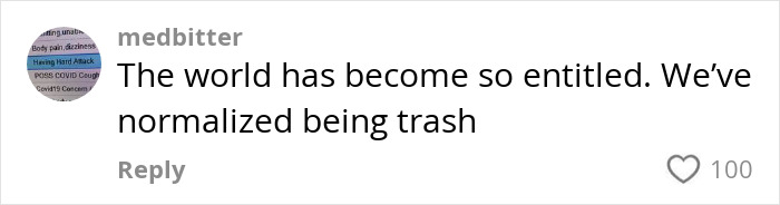 Screenshot of a social media comment discussing entitlement, featuring user medbitter's text about normalized behavior.