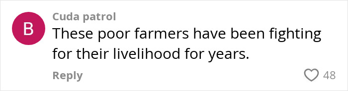 Comment reading These poor farmers have been fighting for their livelihood for years on a social media post about spraying squatters with manure.