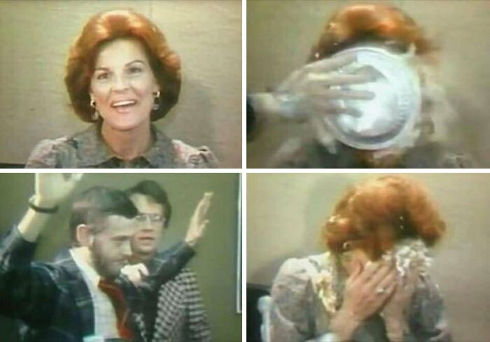 A common folk woman joyfully reacts before and after getting a pie in the face, showing moments that made a mark in society and history.