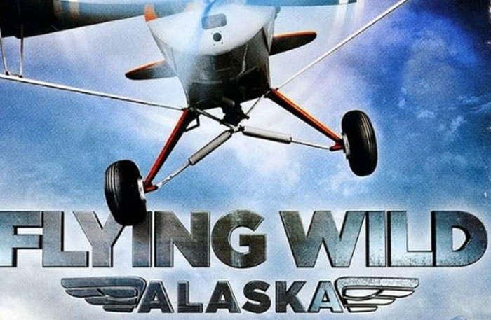 Small airplane flying low over clouds with text Flying Wild Alaska, depicting pilots in terrifying situations.