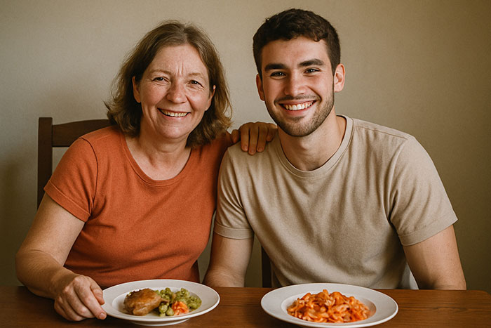 Teen smiling with woman at dining table, illustrating teen escapes dad&rsquo;s babysitting trap situation.