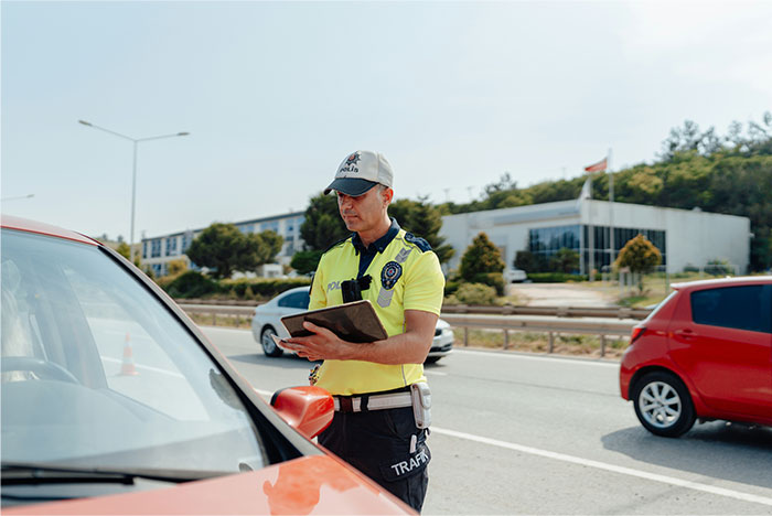 Police officer in bright uniform writing a ticket during a roadside traffic stop in a busy urban area.