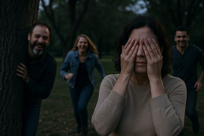 Woman covering eyes playing hide and seek outdoors with teenagers and kids in a park, police not visible or involved.