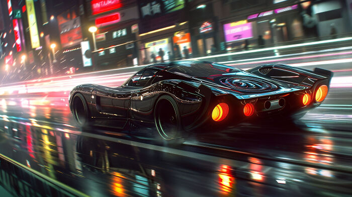 Sleek black sports car speeding through rainy city streets at night with bright lights and reflections on the wet road.