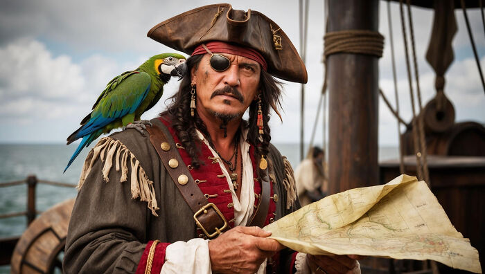 Pirate dressed in historical costume on ship deck holding a map with a colorful parrot, police teenagers kids illegal theme.