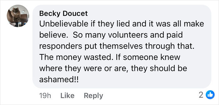 Facebook comment expressing frustration about volunteers and responders in a case involving polygraph results for missing kids parents.